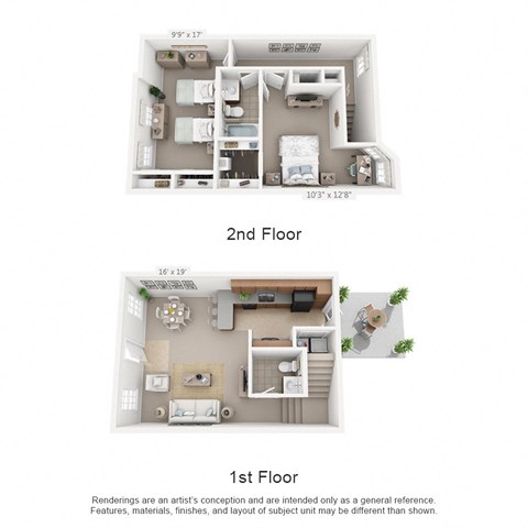 Floor plan for 2 beds, 1.5 baths, 1137 sqft